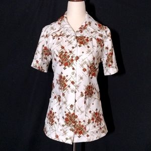VTG 70s No Wear Smartique Short Sleeve Button Up Top w/ Geometric Print Size 12